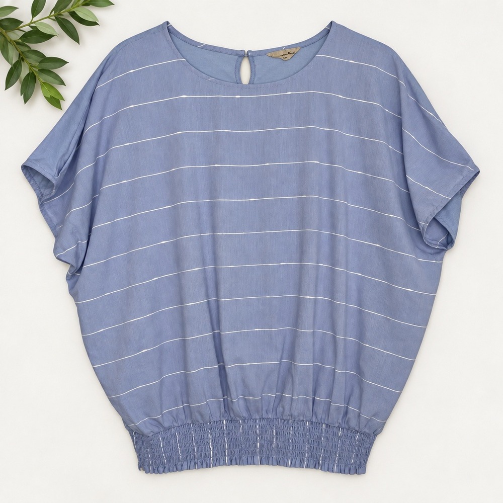 Samansa Mos2 Top Blue White Striped Smocked Hem Dolman Sleeve Mori Girl Sz M
